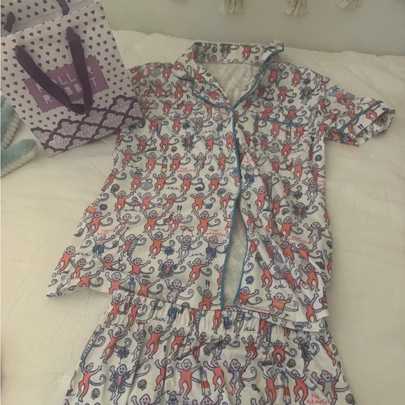 Roller Rabbit Pink and Blue Monkey Print Pajamas - Comes with Bag - Picture 2 of 2